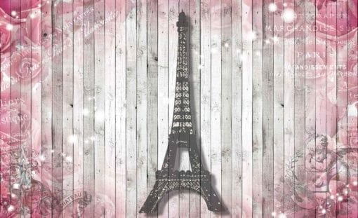 Fototapet med motivet: Eiffeltornet Blommor Rosa trävägg