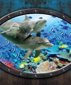Fototapet med motivet: Fönster Delfiner Koraller Havet UnderVatten